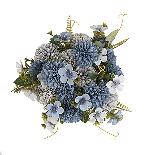 4pcs Gray Bule Artificial Flowers -20 Head Silk Chrysanthemum & Hydrangea Bouquet - Fake Wedding Party Decor for Home Garden - color: 4pcs-gray Bule