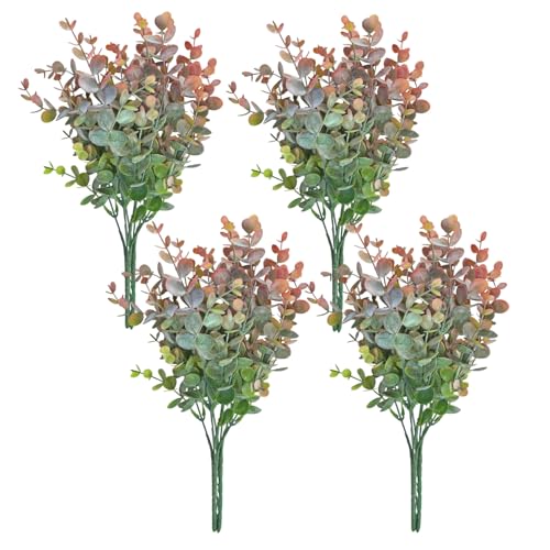 8 Bundles Multi Colored Artificial Eucalyptus Leaves, Plastic Plants, Outdoor Plants, Indoor Decorative Artificial Plants, Porch Window Frames, Green Plant Decorations (8, Grey Red) - color: Grey Red