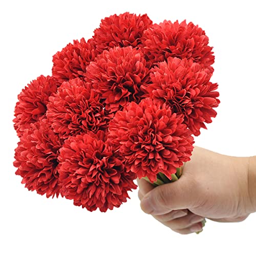 10Pcs Artificial Fake Flower Plants Silk Chrysanthemum Ball Hydrangea Arrangements Wedding Bouquets Decor Home Kitchen Garden Party Table Floral Centerpieces DIY (Red) - color: Red