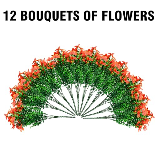 Artificial Flowers for Outdoors, 12 Bundles Faux Mums for Fall Planters,Uv Resistant Artificial Fake Mums Plants, Realistic Fall Decor for Porch, Patio, Yard (Orange) - color: Orange