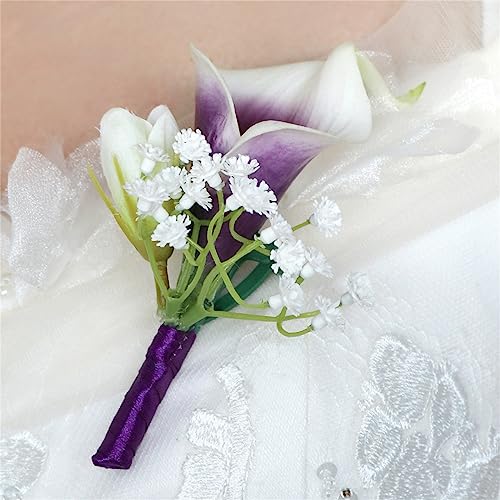 Artificial Calla Lily Wrist Corsage and Boutonniere Set for Groom Bride Groomsmen Bridesmaids Wristlet Band Corsage Men Boutonniere Wedding Accessorie Party Prom Suit Decorations - color: Calla Lily Wrist Corsage and Boutonniere Set