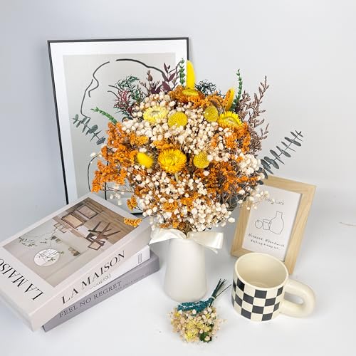 Handmade Dried Flower Bouquet, 14” Natural Orange & Yellow Floral Arrangement with Baby’s Breath, Craspedia & Eucalyptus – Boho Home Decor, Wedding Centerpieces, Rustic Floral Gift - color: Orange