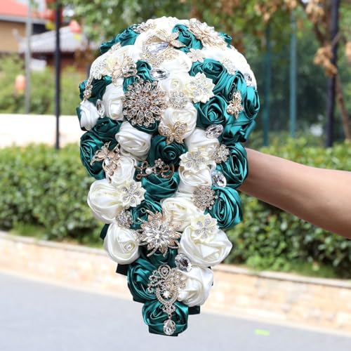 Luxury Cascade Bridal Wedding Bouquet Satin Rose Waterfall Holding Bouquet Artificial Flower Bunch for Bride Bridesmaid(Dark Green & Ivory, 17.3" x 8.7") - color: Dark Green & Ivory, size: 17.3"L x 8.7"W(44cm x 22cm)