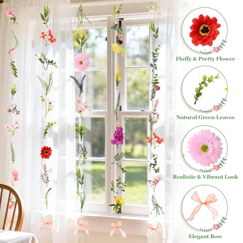 Livole 6Pcs 36Ft Hanging Flower Garland with Bow Wildflower Garlands Backdrop Silk Artificial Fake Floral Vines for Wedding Bridal Party Birthday Arch Wall Home Garden Decor(Wild) - color: Wildflowers, size: 6Pcs