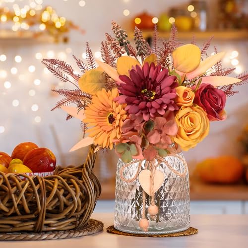MARTINE MALL Artificial Dahlia Flowers with Vase, Silk Fall Flowers in Vase - Fall Decor for Home Centerpieces, Thanksgiving Party, Rustic Wedding - color: Orange Dahlia