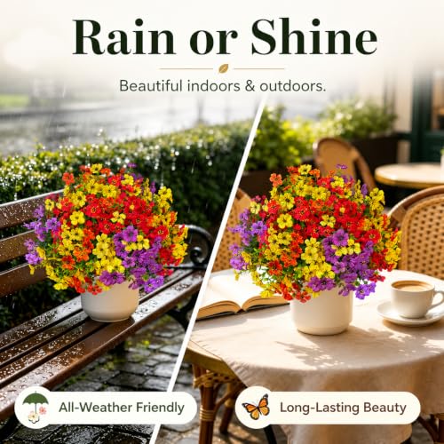 Artificial Flowers for Outdoors UV Resistant, 12 Bundles Realistic Faux Daisy with Eucalyptus Leaves Fake Plants for Porch Patio Planter Garden Decoration (Purple Red Orange Yellow) - color: Purple Red Orange Yellow