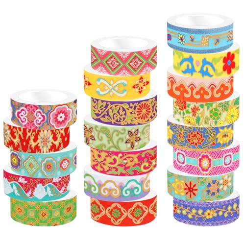 20 Rolls Gold Foil Floral Washi Tape Set Vintage Chinoiserie Decorative Tape Exotic Arts Masking Tapes for DIY Crafts Scrapbooking Bullet Journaling Planner Gift Wrapping - color: W