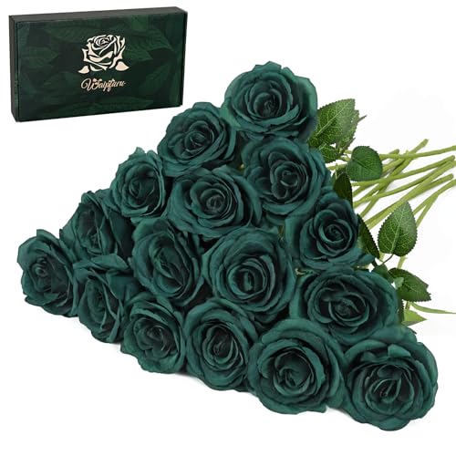 Waipfaru 16 Pcs St Patricks Day Roses, Long Stem Fake Roses Artificial Flowers, Silk Flowers for Valentines, Roses Bouquet Peacock Green Home Decor - color: Emerald Green, size: 16 Pcs