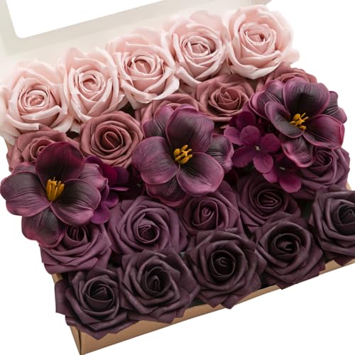 Ling's moment Artificial Flowers Fake Roses Faux Hydrangea Foam Tulip Combo for DIY Wedding Bouquets Centerpieces Arrangements Bridal Shower Party Home Decorations, Plum & Plum Lily, 27pcs - color: Prpl-plum & Plum Lily