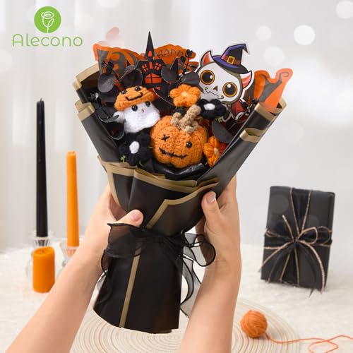Alecono Crochet Flower Bouquet, Halloween Knitted Flowers, Black Handmade Pumpkin Bouquet of Flowers for Kids Baby Festival Gifts (Include Card) - color: Halloween