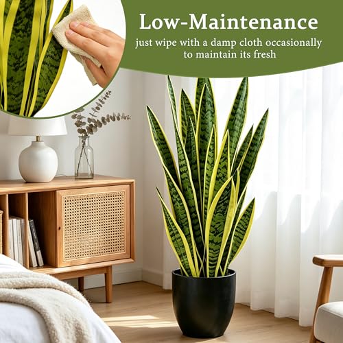 Fake Snake Plant 35'',3ft Artificial Gold Snake Plants Indoor with Black Planter, Realistic Faux Sansevieria Potted for Home Decor, Low Maintenance Greenery for Desk Office Corner Bedroom - color: Yellow-35in