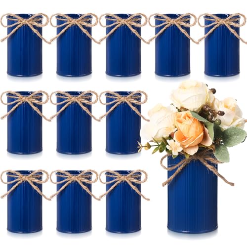 Rustic Vase for Table Centerpieces 4.33 Inch Small Petite Flower Vase with Twine Bow Vintage Farmhouse Decor for Wedding Reception Dining, Home Galvanized Metal Buckets(Dark Blue,12 Pcs) - color: Dark Blue