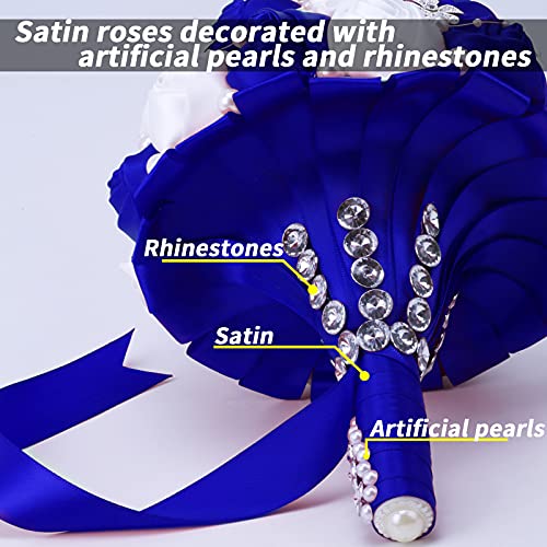 7Inch Handmade Wedding Flowers Bridal Bouquets Crystal Bride Holding Bouquet White Ivory Satin Roses with Diamond Pearl Ribbon.(bluewhite) - color: Bluewhite