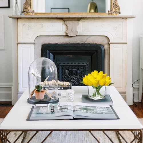 DILATATA Artificial Yellow Tulips in Vase with Faux Water 5.5" Real Touch Flowers Fake Tulips Small Flowers Arrangement in Cube Glass Vase for Mother's Day Table Centerpiece Wedding Home Decor - color: Square Vase/Yellow/1 Set