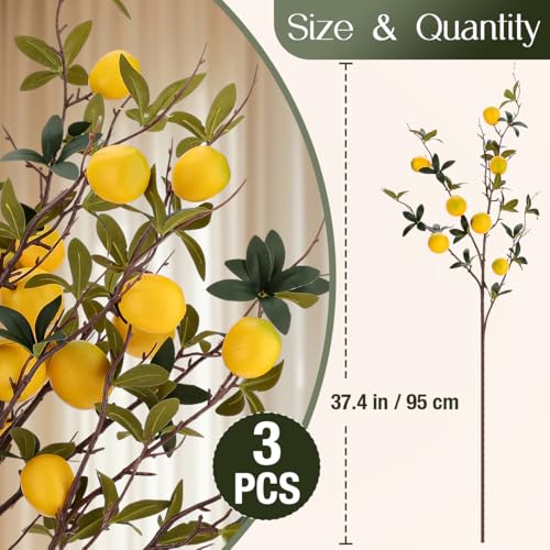 Gresorth 3 Pcs 37.4 Inch Yellow Lemon Lifelike Decoration Artificial Fake Plastic Branch Realistic Fruit Bouquet Display House Cabinet Table Model - color: Yellow Lemon