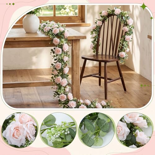 Riceshoot 6 Pcs 26 ft Artificial Eucalyptus Vines Garland with Flowers Faux Floral Greenery Garlands Rose Wreath for Wedding Party Arch Table Decor Backdrop Decorations (Pink) - color: Pink