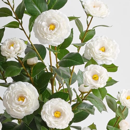 2 Pcs Artificial Camellia Tree, 38" Artificial Tree Plants Outdoor Faux Plants in Pot, Artificial Flower for Outdoors Front Porch Decor, Greenery Faux Fake Tree Plant for Indoor Outdoor Home Decor - color: White