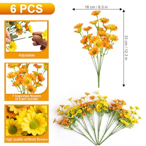 Daisy Artificial Fake Flowers Plants for Outdoor Outside Fall Decor, 6 Bundles Fake Mums UV Resistant Look Real for Planter Pot Porch Patio Balcony Garden Yard (Orange Yellow)