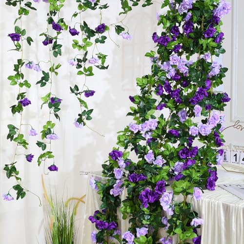 Floweroyal 4 Pack Artificial Flower Garlands 7.9FT Fake Rose Vines Silk Flowers Hanging Rose Ivy for Wedding Arch Party Home Garden Wall Decor (Purple) - color: Purple, size: 4pcs