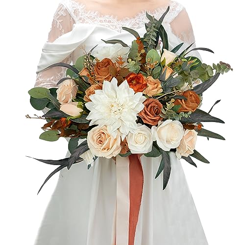 14 Inch Terracotta Bridal Bouquet, Fall Wedding, Bride Bouquets for Ceremony & Anniversary, French Rustic Vintage Style, Artificial Flowers - color: Terracotta, size: 14 Inch