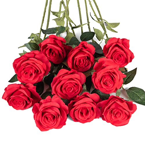 10pcs Red Silk Roses Artificial Rose Flowers Long Stem for DIY Wedding Bouquet Table Centerpiece Home Décor - color: X-red