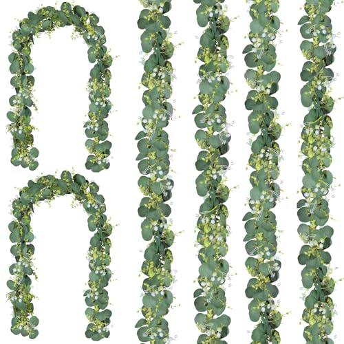 CQURE 6Pcs Eucalyptus Garland,Artificial Eucalyptus Leaves Table Greenery Garland Wreath Vines for Wedding Party Table Bedroom Wall Decor - size: 35.4 Ft with Flowers
