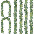 CQURE 6Pcs Eucalyptus Garland,Artificial Eucalyptus Leaves Table Greenery Garland Wreath Vines for Wedding Party Table Bedroom Wall Decor - size: 35.4 Ft with Flowers