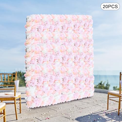 20PCS Artificial Flower Panels, Pink Silk Wedding Flower Panels Banquet Flowers Board, Flower Backdrop Wall for Photo Party Wedding Background Decor - color: 20 Pcs Pink Roses