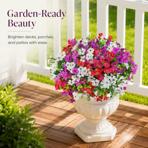 Artificial Flowers for Outdoors UV Resistant, 12 Bundles Realistic Faux Daisy with Eucalyptus Leaves Fake Plants for Porch Patio Planter Garden Decoration (Rose Red White Light Purple) - color: Rose Red White Light Purple
