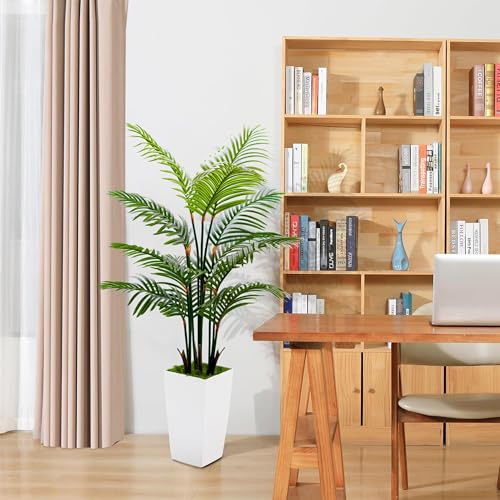 Artificial Plants Indoor - Fake Tree with White Tall Planter - Faux Floor Large Plant in Pot - Evergreen Artificial Silk Trees for Home Office Living Room Decor Indoor (Palm Tree 5FT)