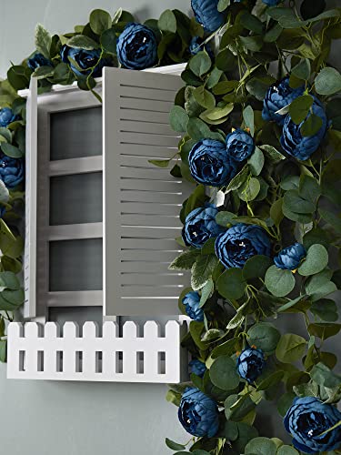 MISSPIN 2pcs Artificial Flowers Garland Eucalyptus Garland Vintage Fake Flower Peony Rose Vine Greenery Decorative Wall Hanging Plant for Wedding Arch Door Arrangement Party Decor - color: Jewel Blue