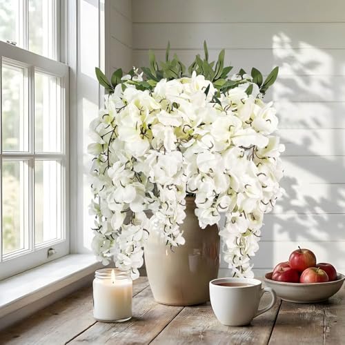 2Pcs Artificial Flowers Faux Silk Flowers Indoor Plants Hanging Wisteria Decoration for Home Indoor Kitchen Table Vase Wedding Party Table Centerpieces Outdoor Decor (White)