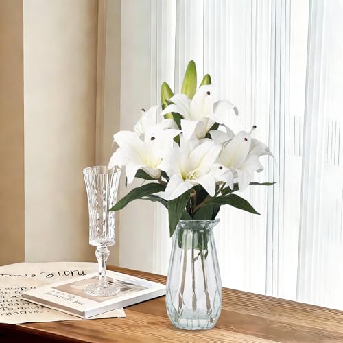 6 Pcs Artificial Lily Flowers with Glass Vase, 19.7" Faux Stargazer Lily Stems with 2 Blooms and 1 Bud Each, Faux Tiger Bouquets for Home, Hotel, Party Flower Arrangement Decor (White) - color: White, size: Lily