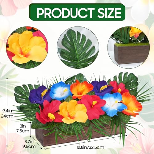 Hawaiian Flowers Arrangements for Table Centerpieces Tropical Artificial Hibiscus Fake Flowers with Palm Leaves Decor in Wooden Planter for Kitchen Island Summer Luau Party Decorations - color: Colorful