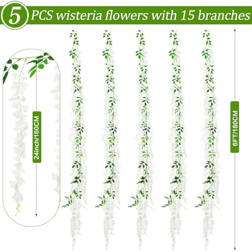 75 Branches Wisteria Hanging Flowers,5Pcs Total 30ft White Wisteria Artificial Flowers Garland Vine Silk Hanging Flowers for Wedding Party Arch Ceremony Garden Home Backdrop Decor - color: White, size: 5
