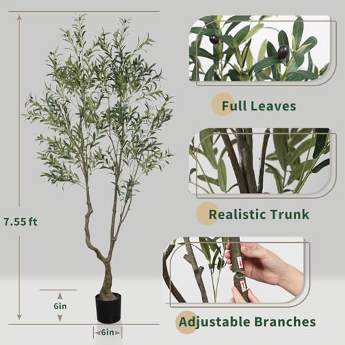 7.55ft Artificial Olive Tree, Faux Olive Tree with Lifelike Fruits, 90.55in Fake Olive Tree with Sturdy Plastic Pot, Artificial Plants for Office Home Living Room Indoor Outdoor Decor - color: Green-ap04