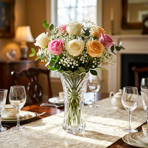 JASVIC 12 Inch Crystal Vases for Flowers, Tall Glass Flower Vase for Bouquet, Elegant Modern Large Vase, Starburst Design Decorative Vase for Living Room Centerpiece, Mother's Day, Wedding Gift - color: Starburst Design