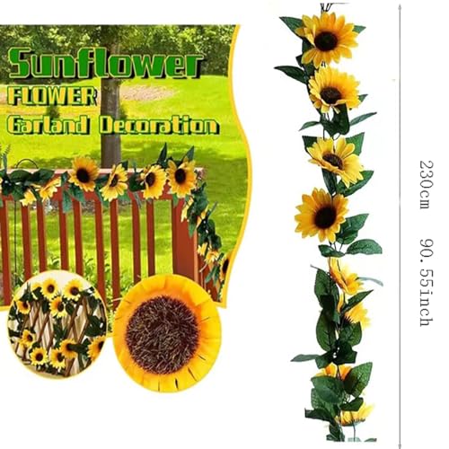 2 Pack Artificial Sunflower Garland Faux Silk Decor Sunflower Vine Hanging Flowers for Outdoor with Green Leaves Home Wedding Party Decoration