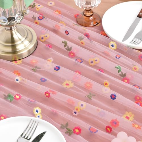 Joanlody 3pcs Blushing Pink Embroidery Daisy Table Runner Valentine’s Day Florals Seasonal Easter Tulle Table Runner Holiday Kitchen Dining Table Decoration for Home Party Indoor - color: Blushing Pink, size: 10ft x 3pack