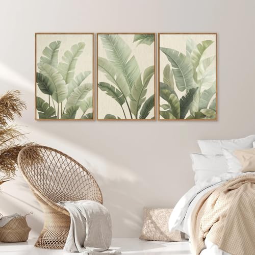 Rantodecor Sage Green Framed Canvas Wall Art, Minimalist Tropical Leaf Wall Decor, Boho Beige Nature Leaf Art Paintings, Bohemian Triple Panel Plant Artwork for Bedroom Living Room Office 16"x24"x3 - color: Sage Green Leaf, size: 24"x16"