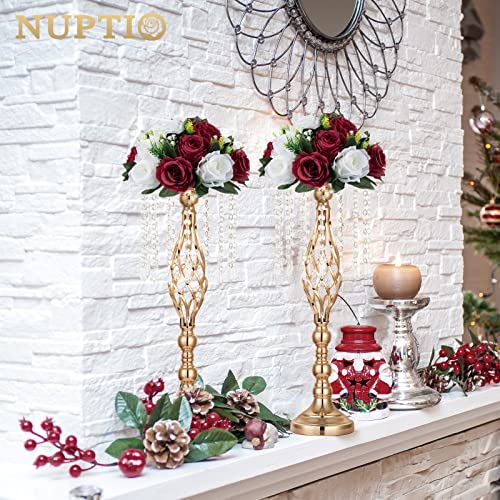NUPTIO Flower Wedding Centrepieces for Tables - 2 Pcs 9.5in Diameter Burgundy & White Artificial Flowers Rose Ball for Centerpieces Table - Fake Rose Arrangements for Weddings Birthday Party Decor - color: Burgundy & White, size: 2 Pcs
