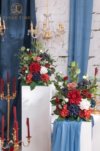 TINGE TIME Free-Standing Artificial Flower, Set of 2, Table Centerpiece with Rubber Pad, Silk Fake Flower for Wedding Centerpiece Archway Aisle Welcome Entrance (Red&NavyBlue) - color: Red&navyblue