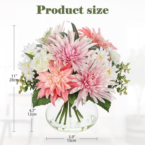 Briful Fake Flower Arrangement in Glass Vase, 11" Faux Dahlia Silk Flowers Centerpiece Table Decorations Pink Mixed Floral Bouquet for Home Office Dining Room Coffee Table Wedding Decor - color: White Pink