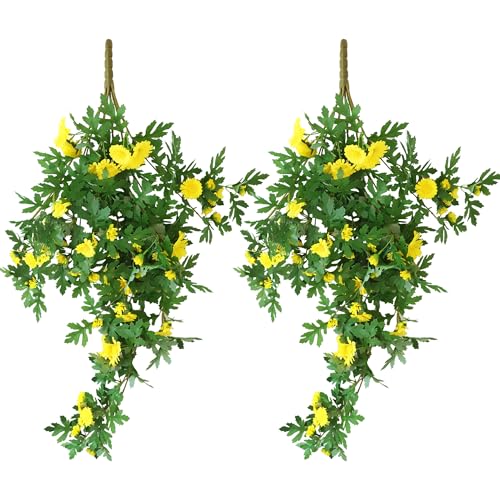 Artificial Hanging Flowers for Outdoors Decoration, 2 Pack Hanging Flowers Daisy Flowers Artificial Bouquet for Wall Home Garden Balcony Yard Front Door Porch Decor