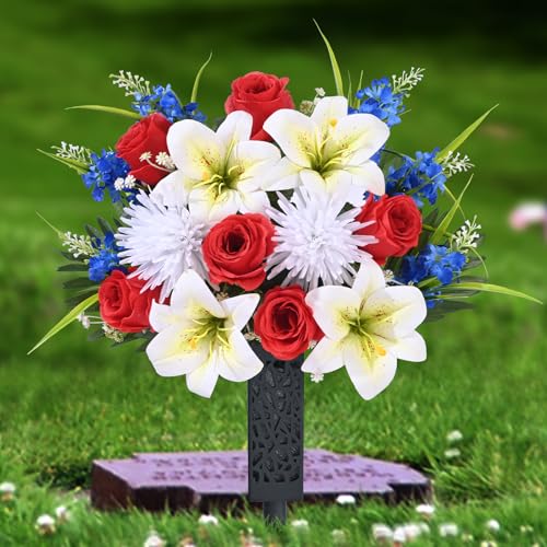 MARTINE MALL 2 Sets Artificial Cemetery Flowers for Grave, Artificial Grave Flowers Memorial Day Flowers for Cemetery Red White Blue Rose Lily Flowers with Vase for Cemetery Grave Decoration