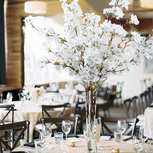 4pcs Cherry Blossom Branches Artificial Flowers for Spring Tall Vase Decoration,40" Long Stem Fake Cherry Flowers for Home Wedding Party Bedroom Table Centerpiece Arrangement Decor(White) - color: White