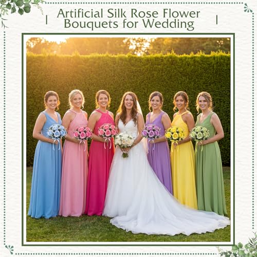 Canlierr 6 Pcs Pastel Bridesmaid Bouquet Set for Wedding, 7 Inch Pre Made Artificial Silk Rose Wedding Flowers, Bridal Party Bouquets for Ceremony, Reception, Bridal Shower, Table Centerpiece