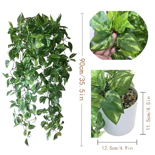 35.5" Artificial Pothos Ivy Plants Set of 2 with Pots, Fake Hanging Greenery Silk Leaves for Home Decor, Realistic Faux Plants for Shelf Tabletop Office, No Maintenance Needed (Light & Dark Green)