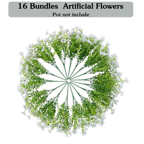 Artificial Fake Flowers Plants for Outdoors Spring Summer Decoration,Faux Flowers Silk Daisy Plants Greenery Realistic UV Resistant for Outside Planters Front Porch Patio Boxwood 16 Bundles Home White - color: White
