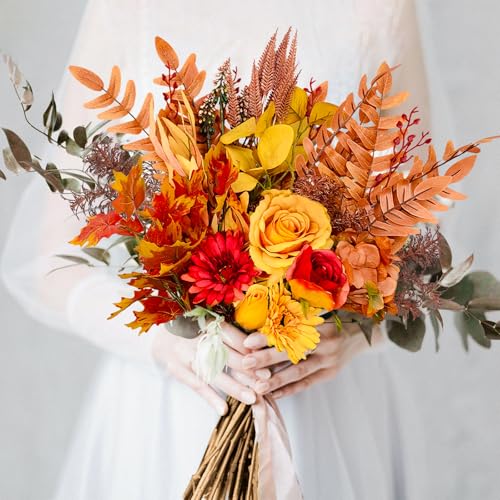 Artificial Fall Flowers Bouquets, 21.6” Autumn Fake Silk Orange Flowers Wedding Bouquets with Fall Florals Stems for Bridal Bridesmaid, Rustic Home Thanksgiving Table Centerpiece Decor - size: 1 Pcs